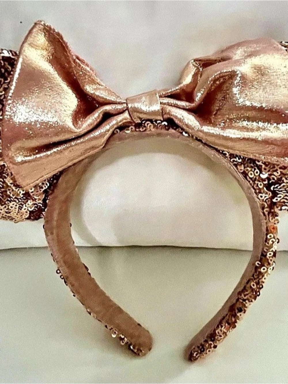Disney Parks Rose Gold Sequin Minnie Mouse Ear Headband in Pink